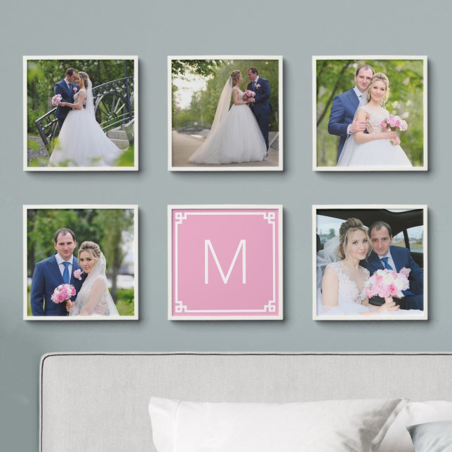Light Pink Greek Key Border Wedding Monogram Peel And Stick Photo Tile (Bedroom)