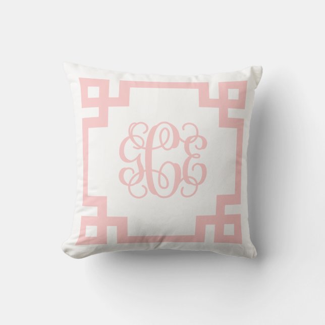 Light Pink Greek Key Script Monogram GCE Throw Pillow (Front)
