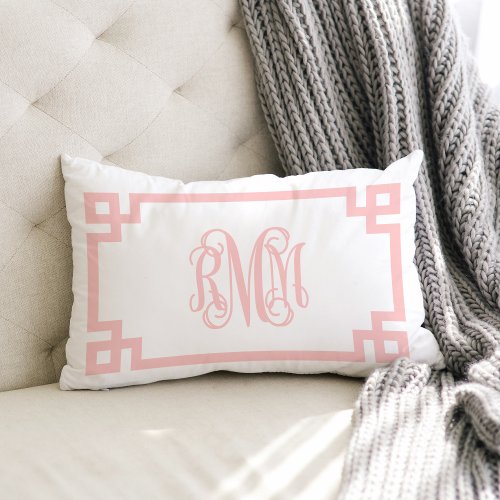 Light Pink Greek Key Script Monogram RMM Lumbar Pillow