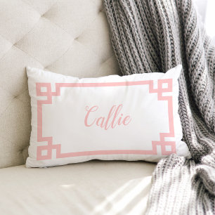 Light Pink Greek Key Script Name Monogram Lumbar Pillow