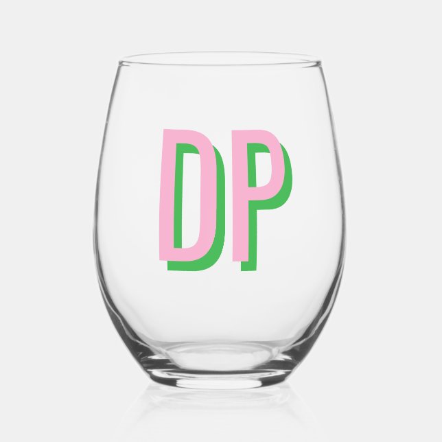 Light Pink + Green Bridesmaid Stemless Wine Glass (Front)