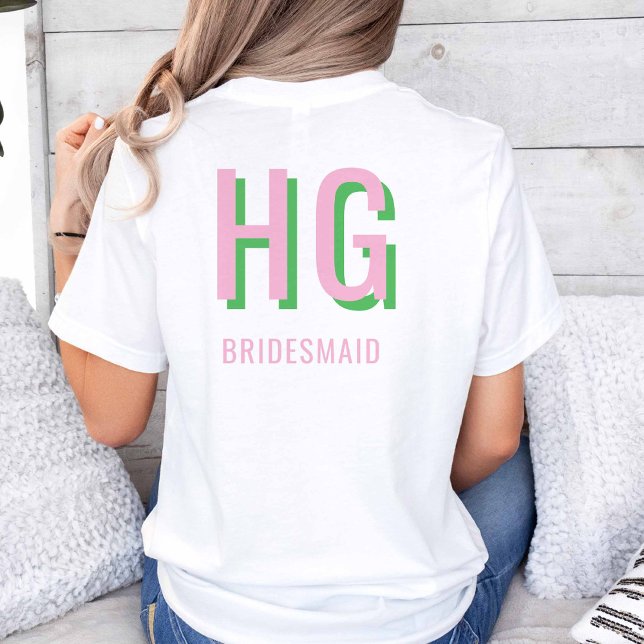 Light Pink + Green Monogram Wedding Party   T-Shirt (Light Pink + Green Monogram Wedding Party Tshirt)