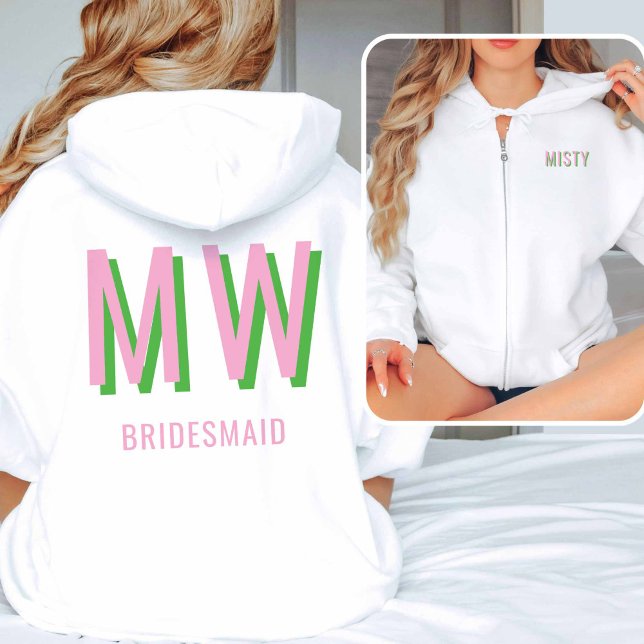 Light Pink + Green Monogram Wedding Party Zip-Up  Hoodie (Light Pink + Green Full Zip-up Sweatshirt)