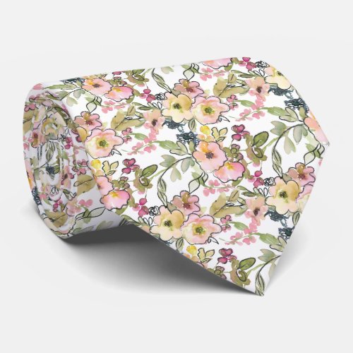 Light pink green yellow water color flowers neck tie