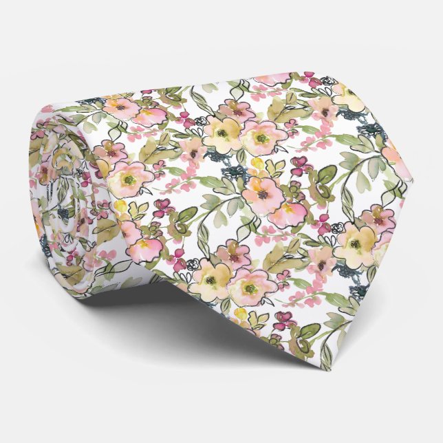 Light pink green yellow water color flowers neck tie (Rolled)