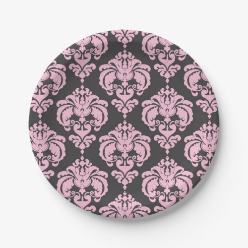 Light Pink  Grey Damask Chic Elegant Party Paper Plates