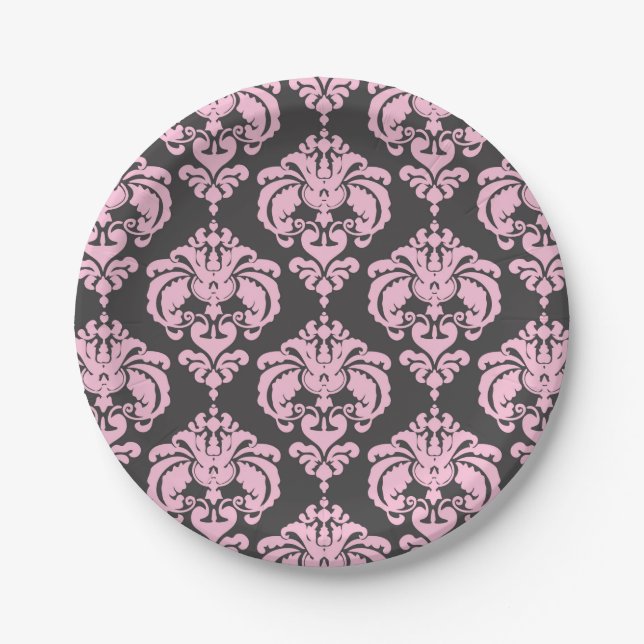 Light Pink & Grey Damask Chic Elegant Party Paper Plates (Front)