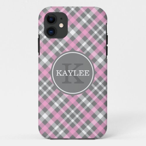 Light Pink Grey Plaid Pattern with Monogram iPhone 11 Case