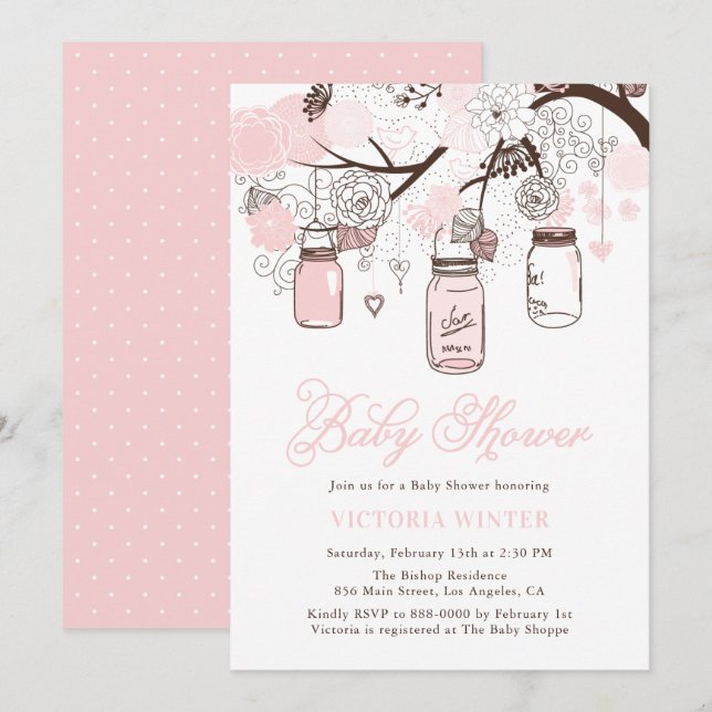 Light Pink Hanging Mason Jars Baby Shower Invitation (Front/Back)