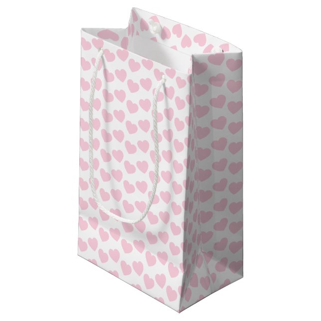 Light Pink Heart Pattern on White Small Gift Bag (Front Angled)