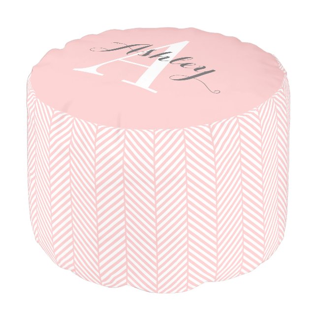 Light Pink Herringbone Custom Monogram Pouf (Angled Front)