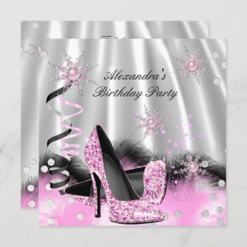 Light Pink High Heels Silver Birthday Party Invitation by Zizzago at Zazzle