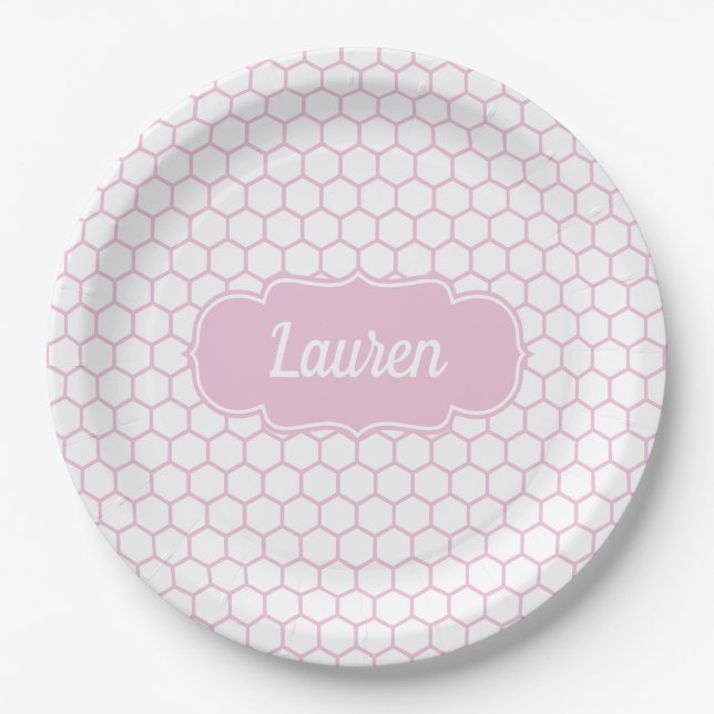 Light Pink Honeycomb Custom Monogram Paper Plates (Front)