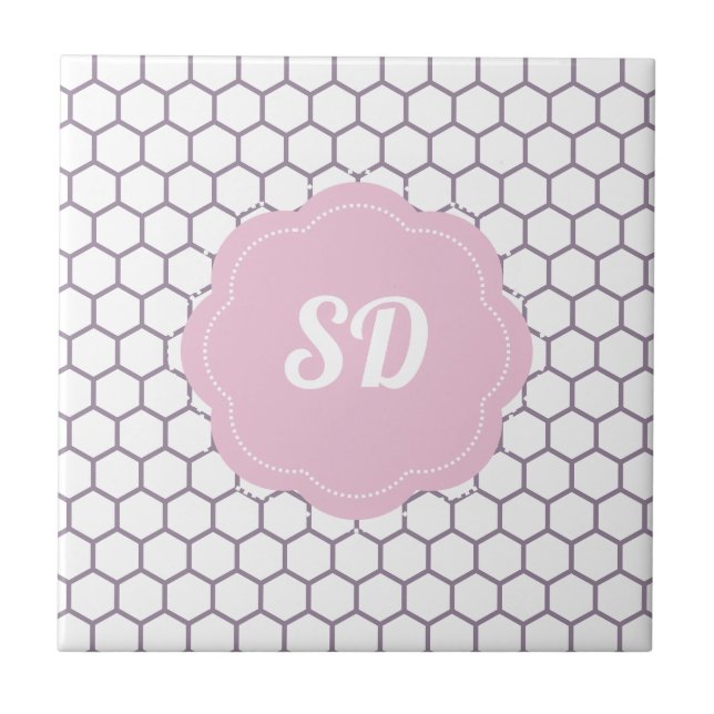 Light Pink Honeycomb Hexagon Custom Monogram Ceramic Tile (Front)