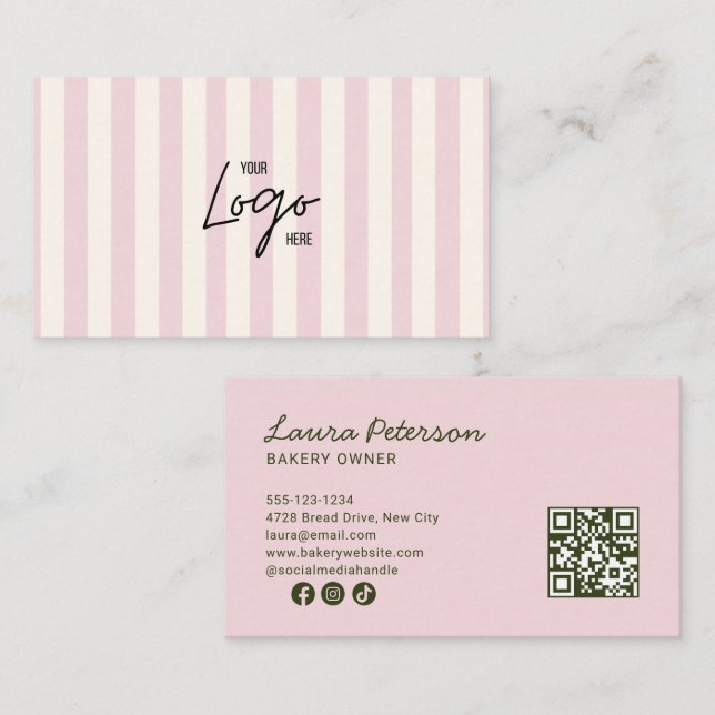 Light Pink & Ivory Stripes Bakery Logo QR Code Business Card (Front/Back)