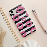 Light Pink Lip Print Kisses Black & White Stripe Case-Mate iPhone 14 Case<br><div class="desc">Smooch! Chic phone case features a black and white stripe background overlaid with light pink lip print kisses. Use the optional personalization field to add a name or monogram,  or simply delete. Makes a cute gift for makeup artists or beauty enthusiasts.</div>