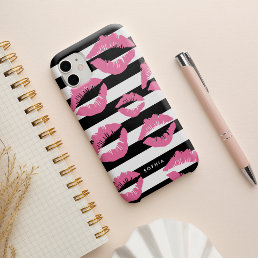 Light Pink Lip Print Kisses Black &amp; White Stripe Case-Mate iPhone 14 Case