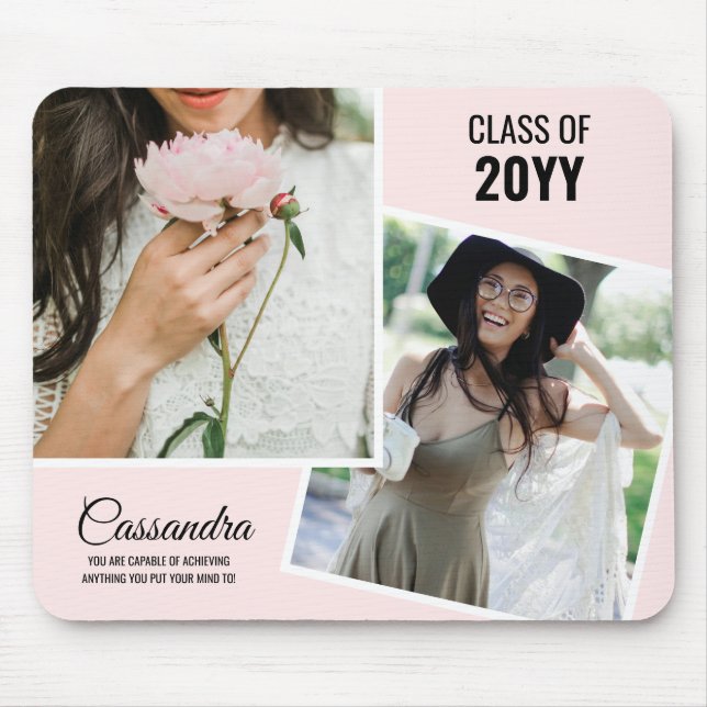 Light Pink Minimalist Two Photo Graduate Mouse Pad (Front)
