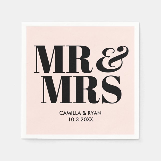 Light Pink Mr & Mrs Personalized Wedding Napkins (Front)