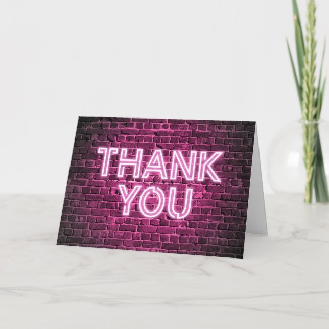 Light Pink Neon Glow Black Brick Wall Thank You Card (Front)