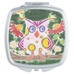 Light pink owl green compact mirror