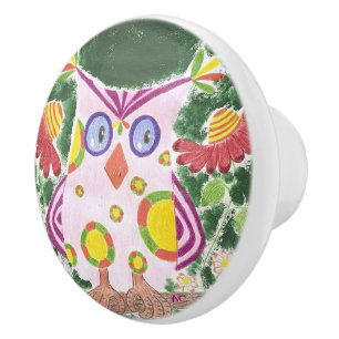 Light pink owl on green nursery room ceramic knob