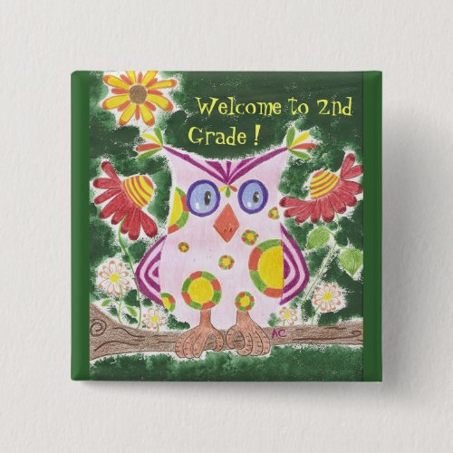 Light pink owl w green background custom button