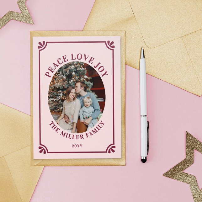 Light Pink Peace Love Joy Oval Photo Christmas Letterpress Photo Cards (Creator Uploaded)