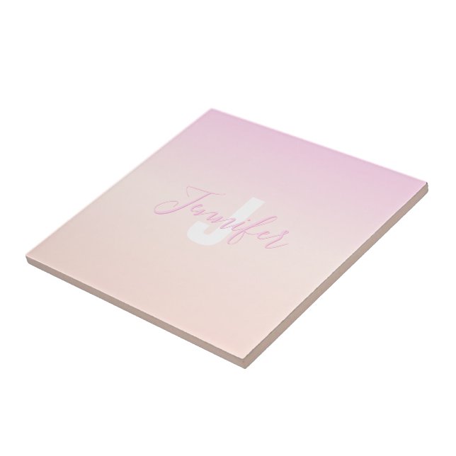 Light Pink & Peach Gradient Ombre Name & Monogram  Ceramic Tile (Side)