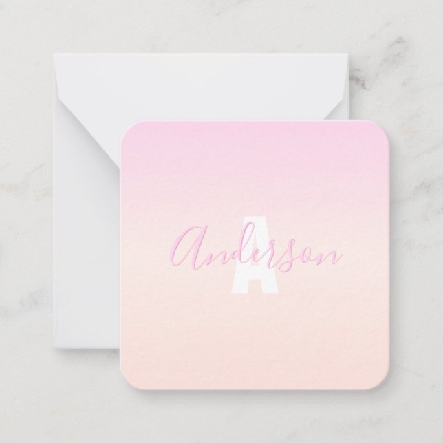 Light Pink & Peach Gradient Ombre Name & Monogram  Note Card (Front)