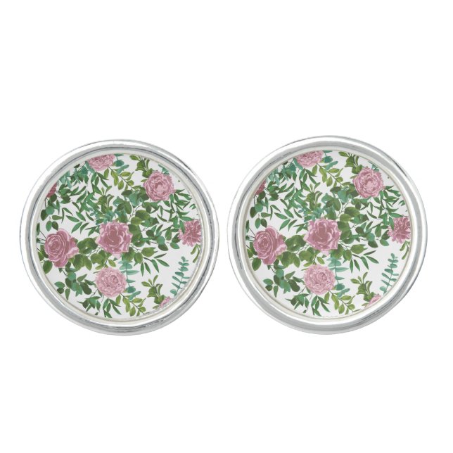 Light Pink Peony & Rose Floral Wedding Cufflinks (Front)