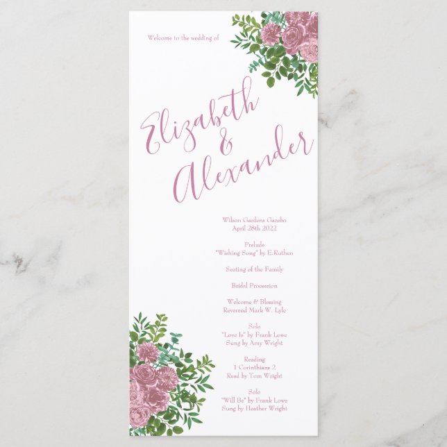 Light Pink Peony & Rose Floral Wedding Programs (Front)