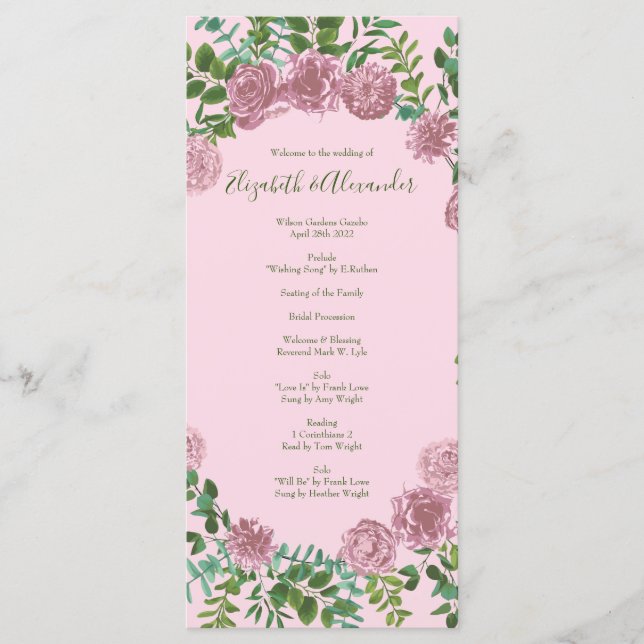 Light Pink Peony & Rose Floral Wedding Programs (Front)