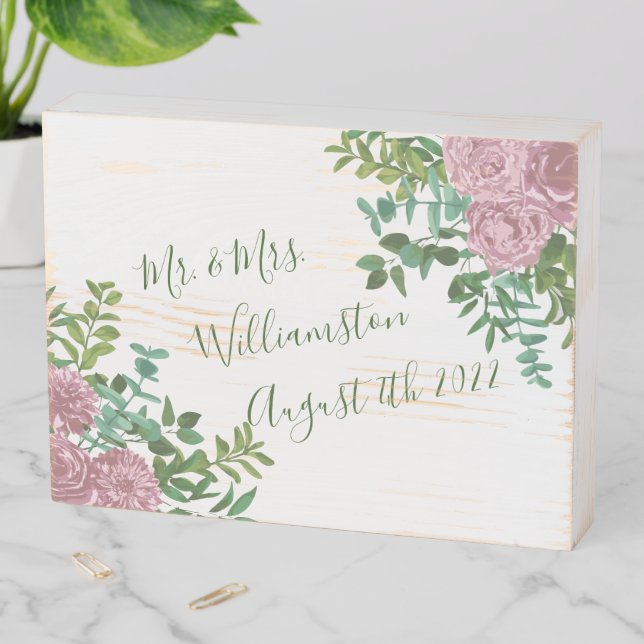 Light Pink Peony & Rose Floral Wedding Wooden Box Sign (In Situ Horizontal)