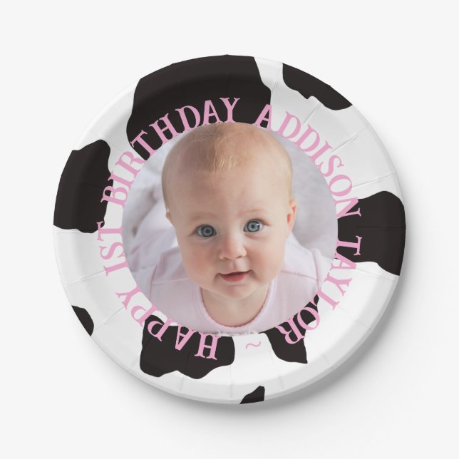 Light Pink Photo Cow Print Cute Birthday Paper Plates (Front)