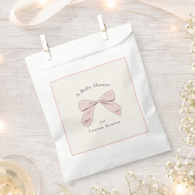 Light Pink  Plaid Bow Elegant Girl Baby Shower Favor Bag (Clipped)