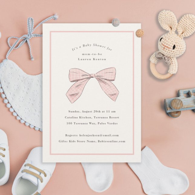 Light Pink Plaid Bow Elegant Girl Baby Shower Invitation (Creator Uploaded)