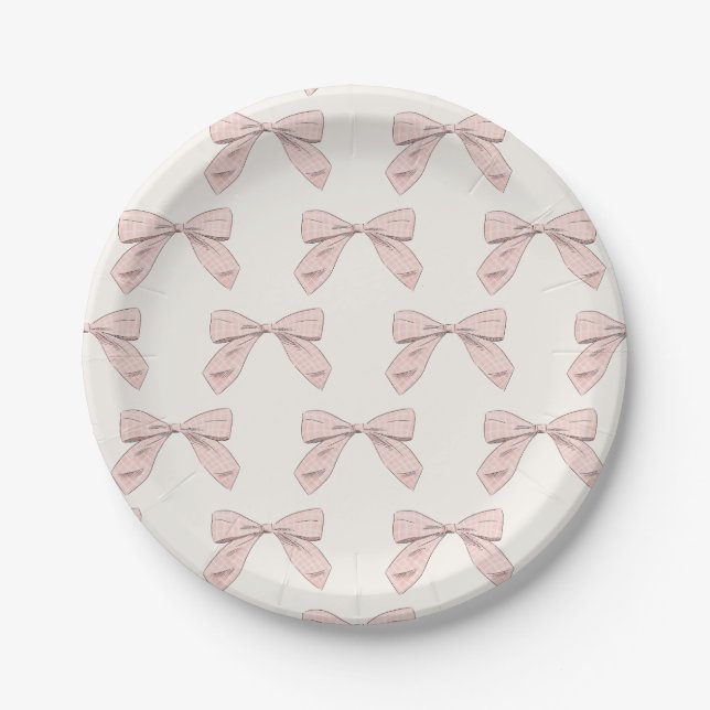 Light Pink Plaid Bow Elegant Girl Baby Shower Paper Plates (Front)