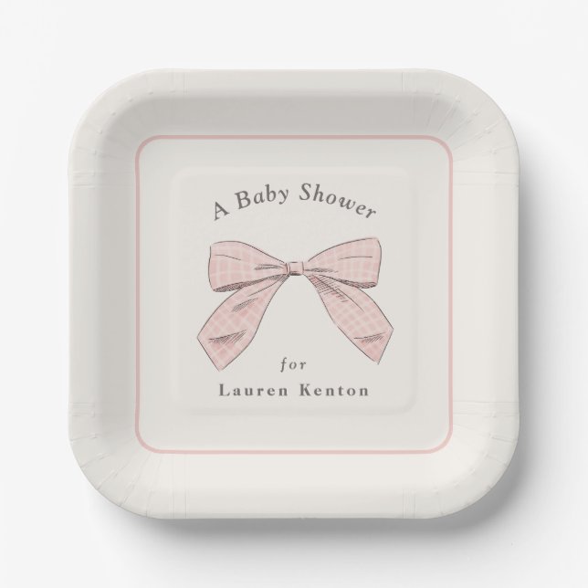 Light Pink Plaid Bow Elegant Girl Baby Shower Paper Plates (Front)