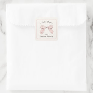 Light Pink Plaid Bow Elegant Girl Baby Shower Square Sticker