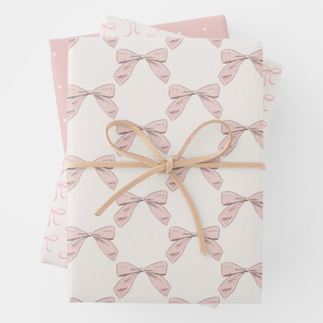 Light Pink Plaid Bow Elegant Girl Baby Shower Wrapping Paper Sheets (In situ)