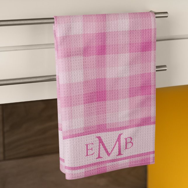 Light Pink Plaid Custom Monogram Initials Ladies Kitchen Towel (Creator Uploaded)