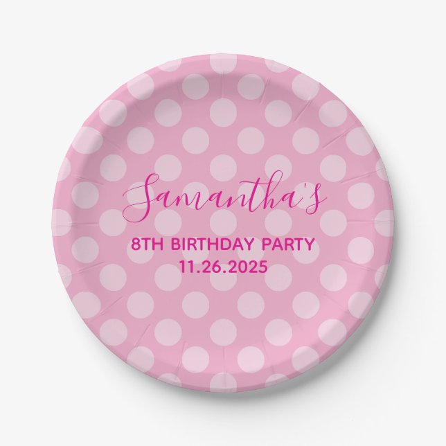 Light Pink Polka Dot 8th Birthday Paper Plates (Front)