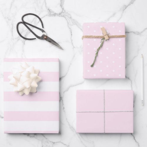 Light Pink Polka Dot Wide Striped and Solid  Wrapping Paper Sheets