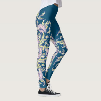 Light pink Poppies on Dark Blue, Botanical, Floral Leggings