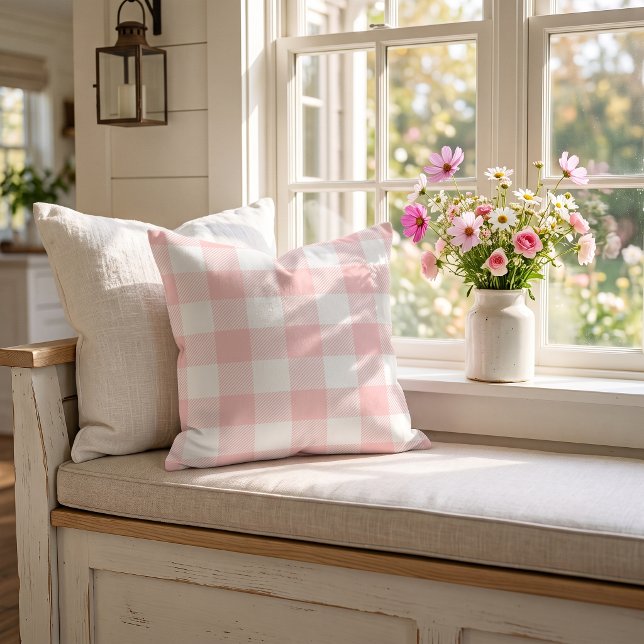Light Pink Preppy Buffalo Check Plaid Throw Pillow (Creator Uploaded)