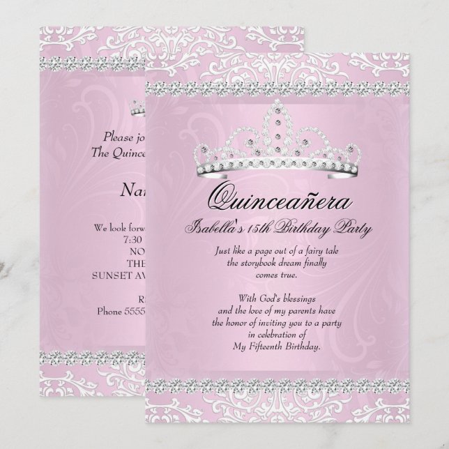 Light Pink Quinceanera 15th Birthday Party Tiara Invitation (Front/Back)