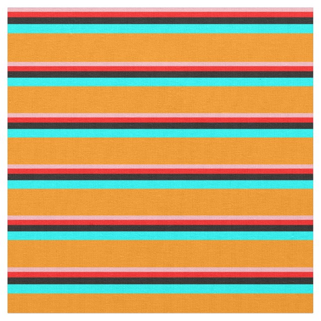 Light Pink, Red, Black, Cyan & Dark Orange Lines Fabric (Close Up)