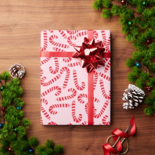 Light Pink  Red Candy Cane Pattern Christmas Wrapping Paper