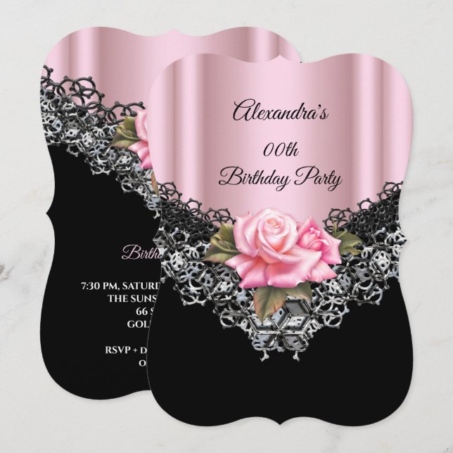 Light Pink Rose Birthday Party Lace Black Silver Invitation (Front/Back)